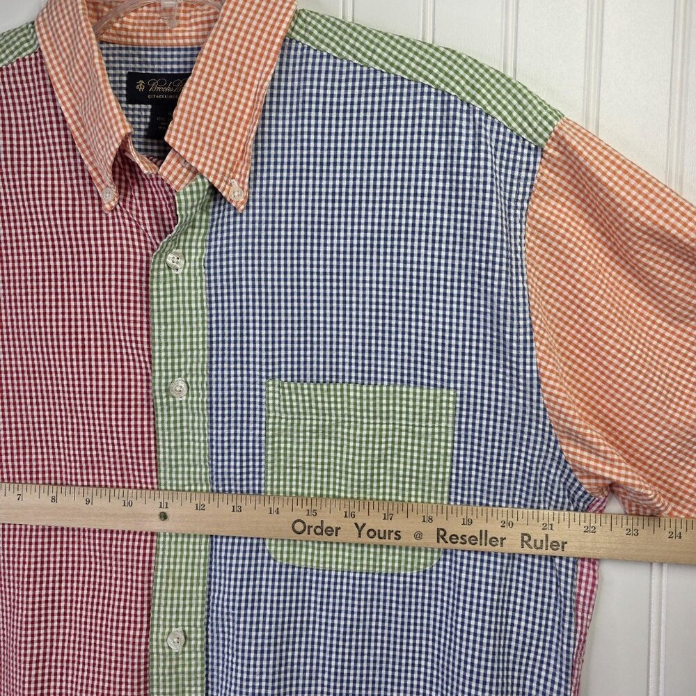 Brooks Brothers Shirt Mens Medium Seersucker Patchwork Check Short Sleeve Preppy - Picture 5 of 6